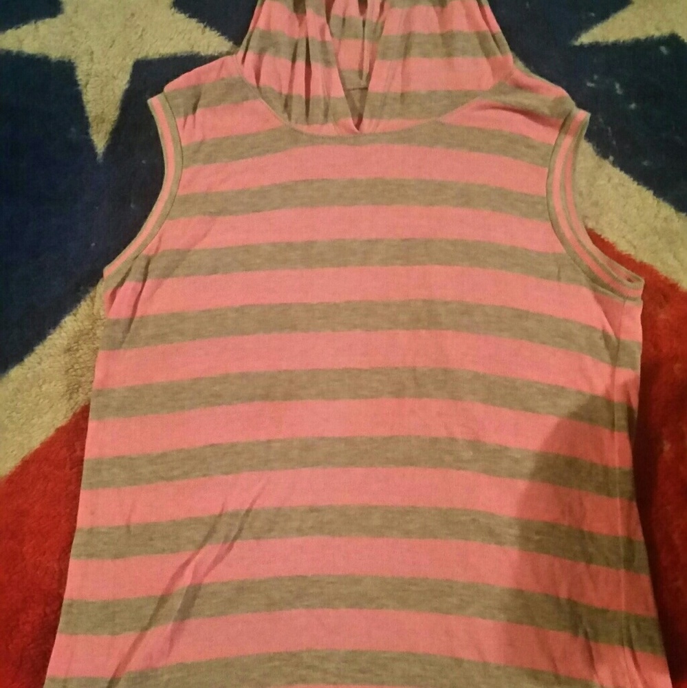 Pink and grey striped hooded shirt